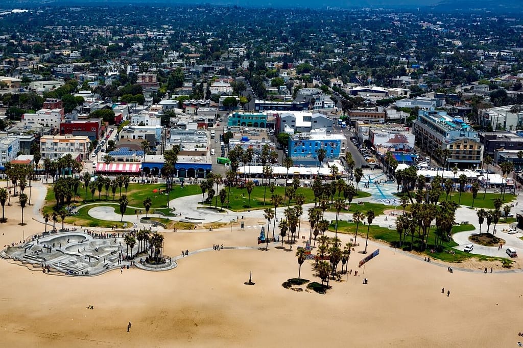 Venice Beach from up above with views of Muscle Beach and the Skatepark