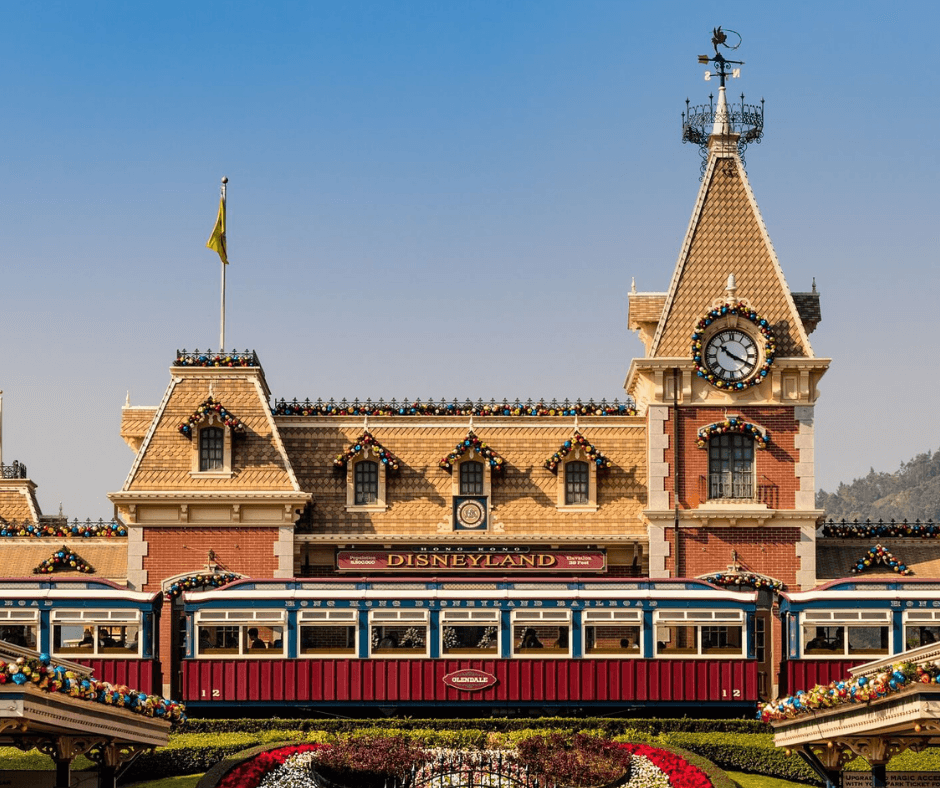 Disneyland Railroad Main Street Station welcomes you with the Disney train ready to leave the station