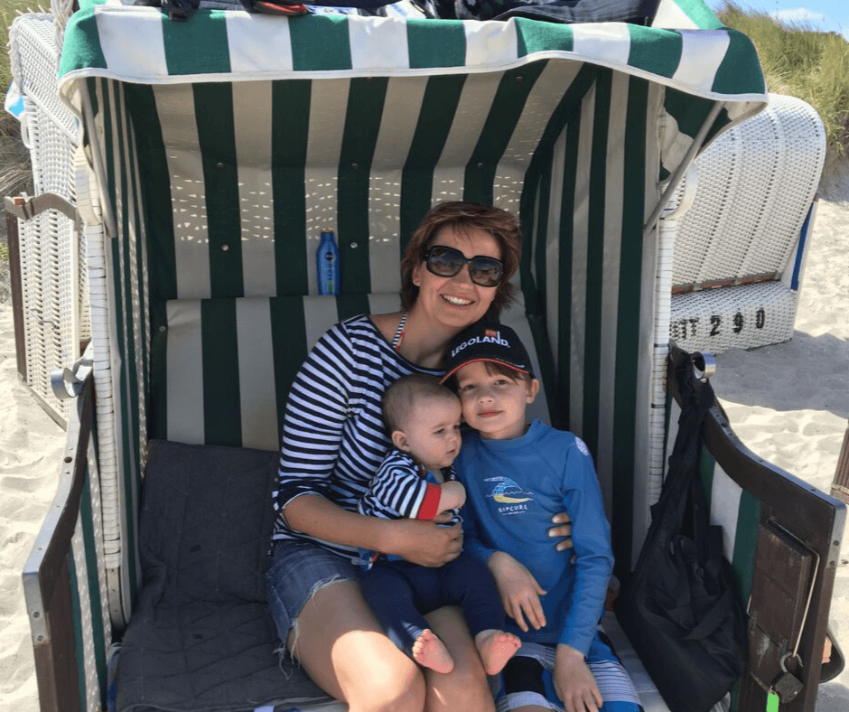 Connie, Lukas and Sawyer relaxing in our beach hut 