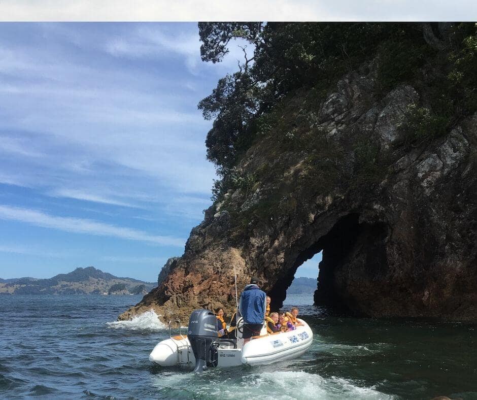 Out on the water on the Hahei Explorer about to pass through a cave