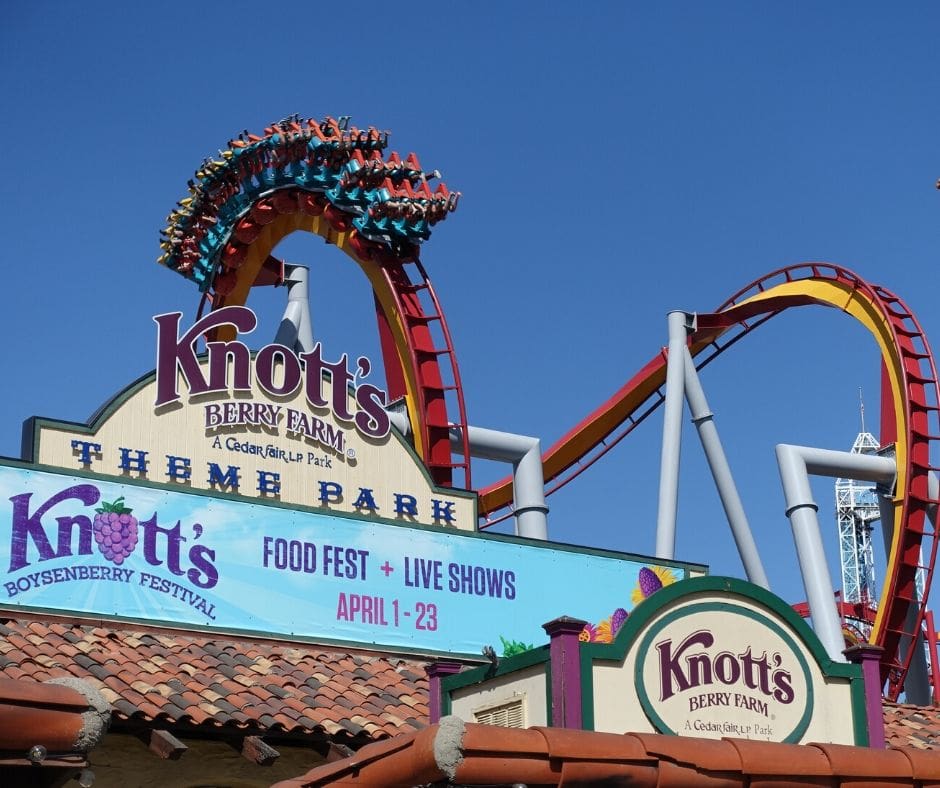 Knott's Berry Farm Entrance with a roller coaster in the ground