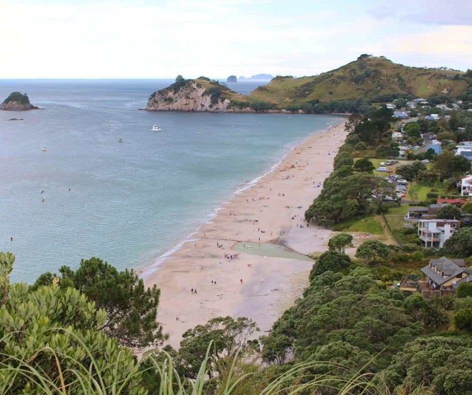 The beautiful Bay in New Zealand is surrounded by forest, rock formations and the town Hahei.