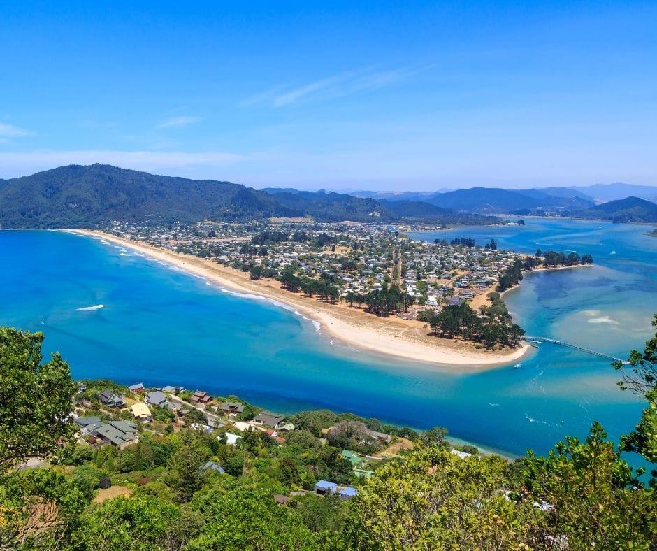 Pauanui, stunning beach in the Coromandel, is seen here from the slopes of Mount Paku in the neighboring town of Tairua