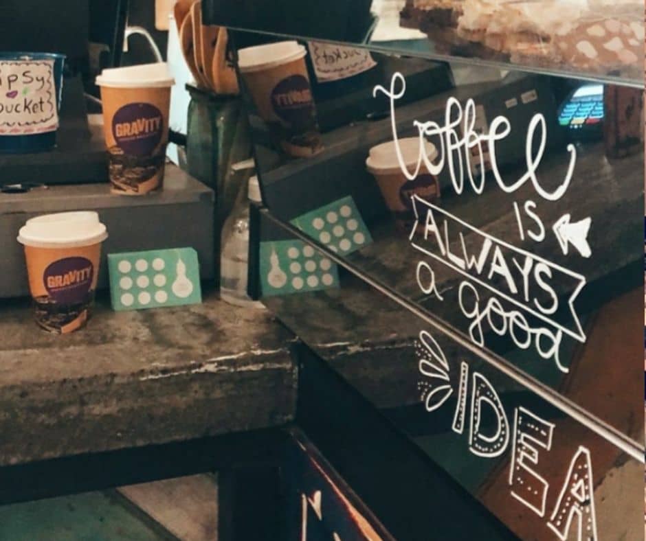 Coffee sign display along with takeaway coffee cups