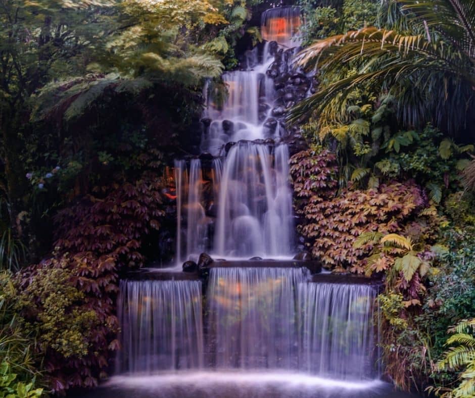 The Waterfall in Pukekura Park during the Festival of Lights. This really is one of the best things to do in New Plymouth for free