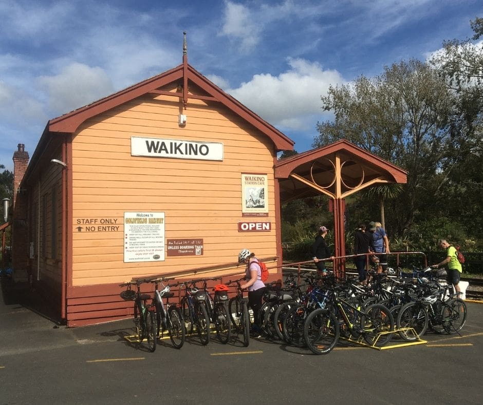 The front of the Waikino Station Cafe, plenty of places to park your bike
