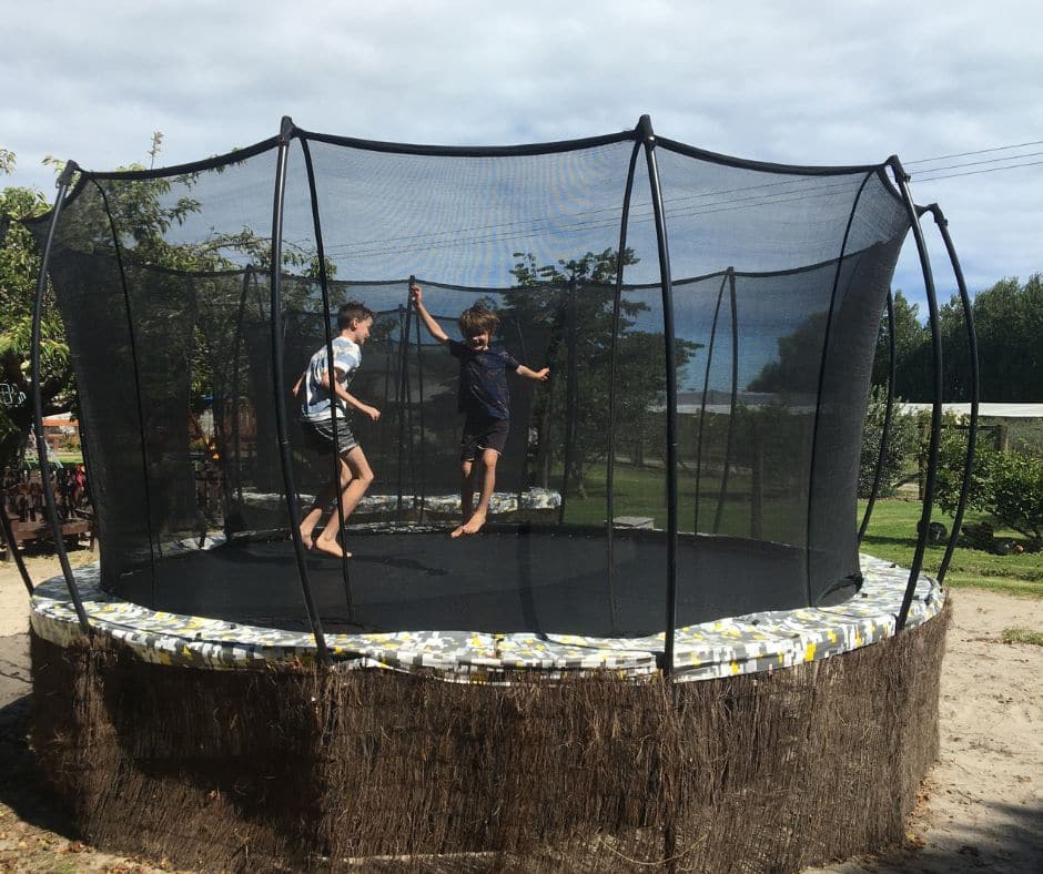 The boys bouncing on the trampoline at one of the best berry farms in Whakatāne