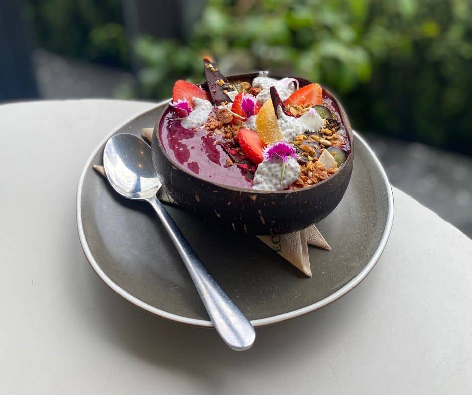 Dmith's Granola, filled with caramelised apple mille feuille / puffed quinoa / cranberry / Raglan vanilla coconut yoghurt / seasonal fruit / toasted coconut, nuts & seeds / blackberry & star anise compote. Perfect
