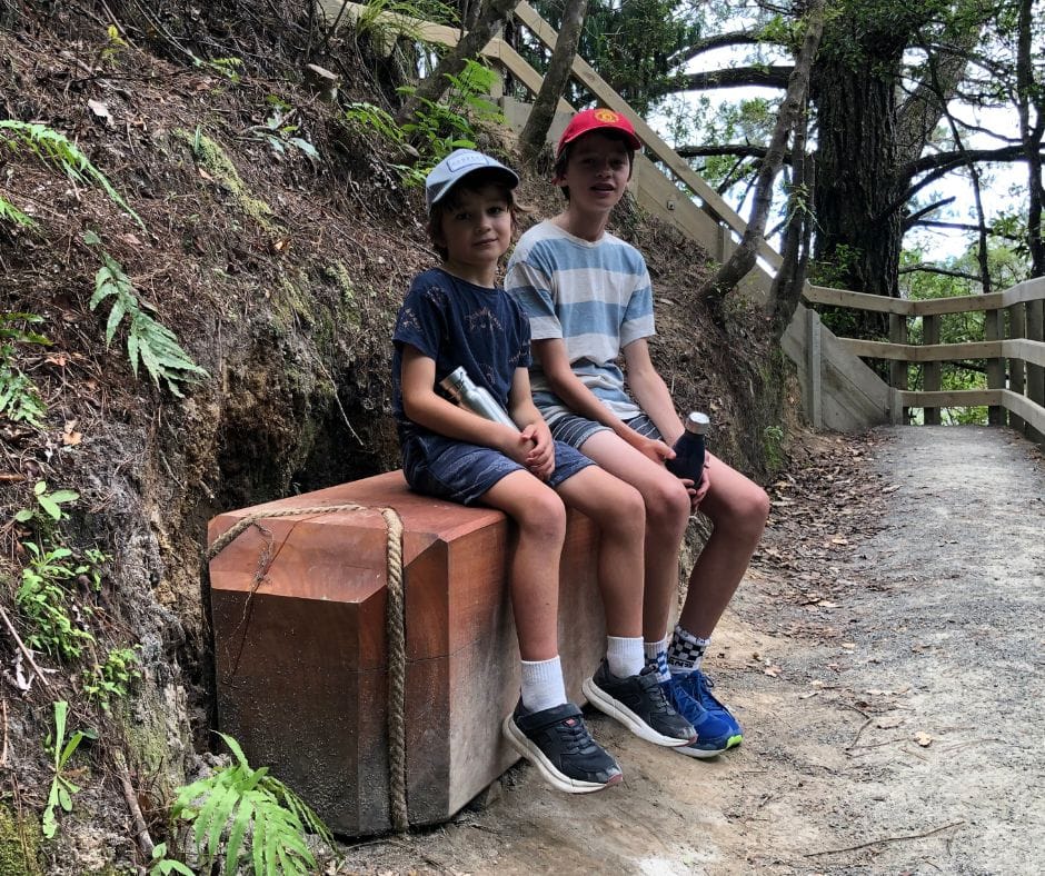 Boys chilling while walking the Te Harikoa track. They are plenty of places to rest on the Omanawa Falls tracks